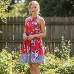 AUW Red Floral Halter Dress XL Lace Up Back Striped Hem Tulle Lining Fit Flare